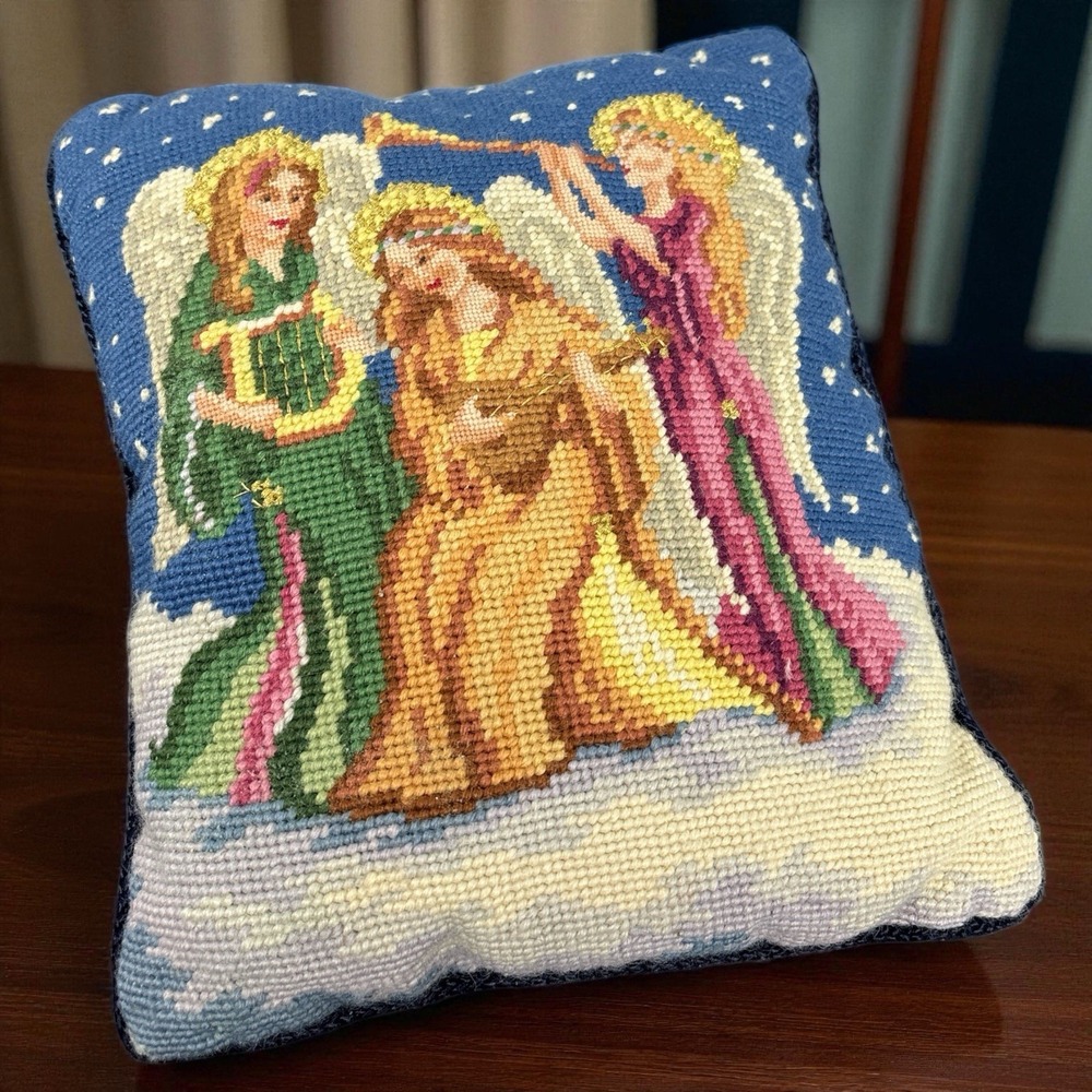 Vintage Needlepoint Velvet Backed Pillow Angels Playing Music 9" x 11"
